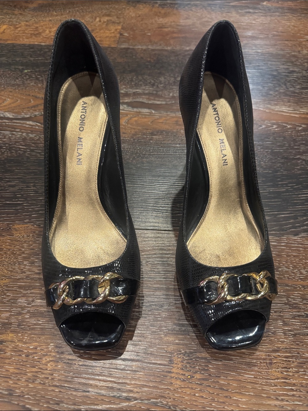 ANTONIO MELANI Black Peep-Toe Pumps with Gold Chain